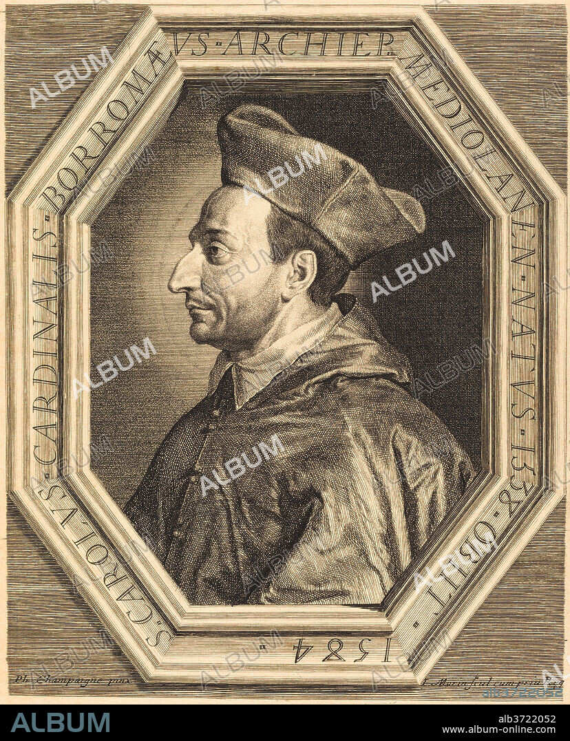 JEAN MORIN AFTER PHILIPPE DE CHAMPAIGNE. Saint Charles, Cardinal Borromeo. Dimensions: plate: 30.7 x 25.3 cm (12 1/16 x 9 15/16 in.)  sheet: 32.5 x 26 cm (12 13/16 x 10 1/4 in.). Medium: etching, engraving, and stippling on laid paper.