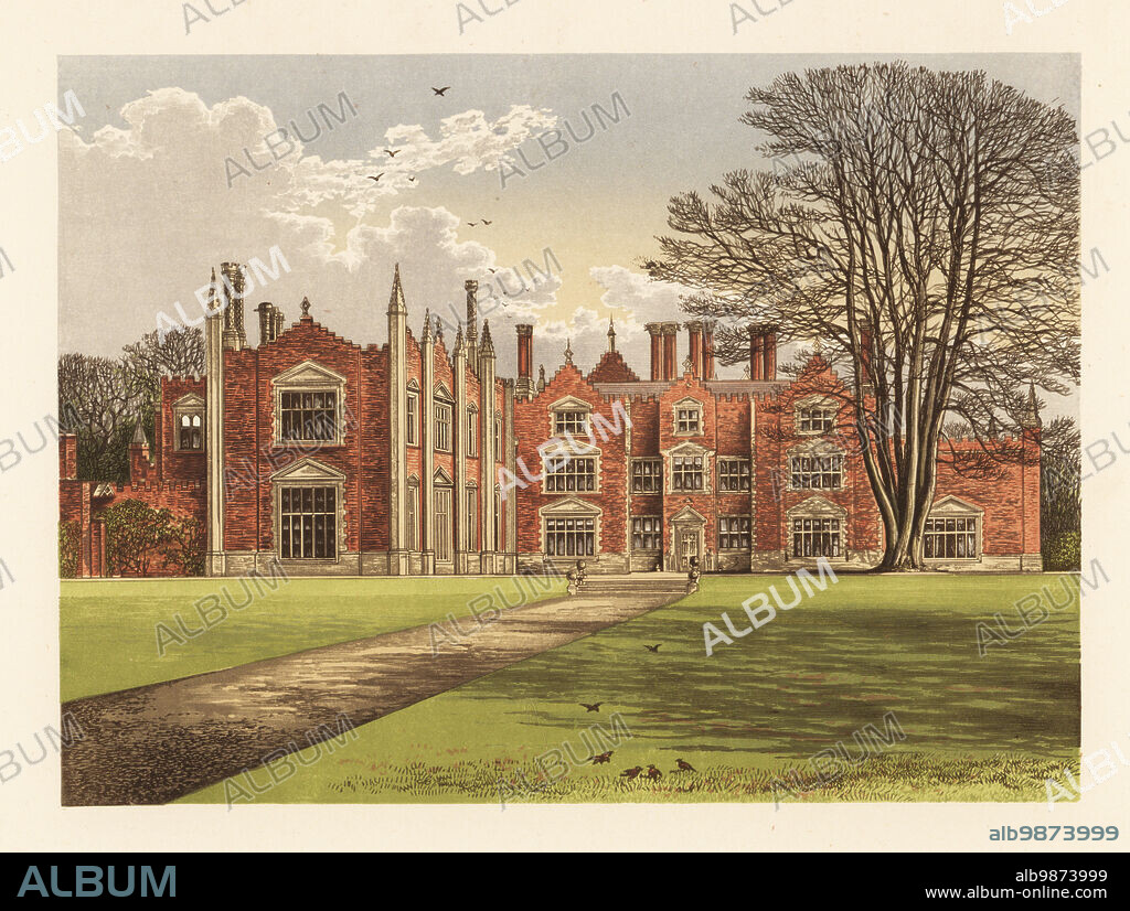 Witchingham Hall, Norfolk, England. Elizabethan red-brick house remodelled in the 19th century with south wing added in 1812 by Tomothy Tompson, and north frontage redesigned in 1872 by Charles Kett Tompson. Colour woodblock by Benjamin Fawcett in the Baxter process of an illustration by Alexander Francis Lydon from Reverend Francis Orpen Morriss Picturesque Views of the Seats of Noblemen and Gentlemen of Great Britain and Ireland, William Mackenzie, London, 1880.