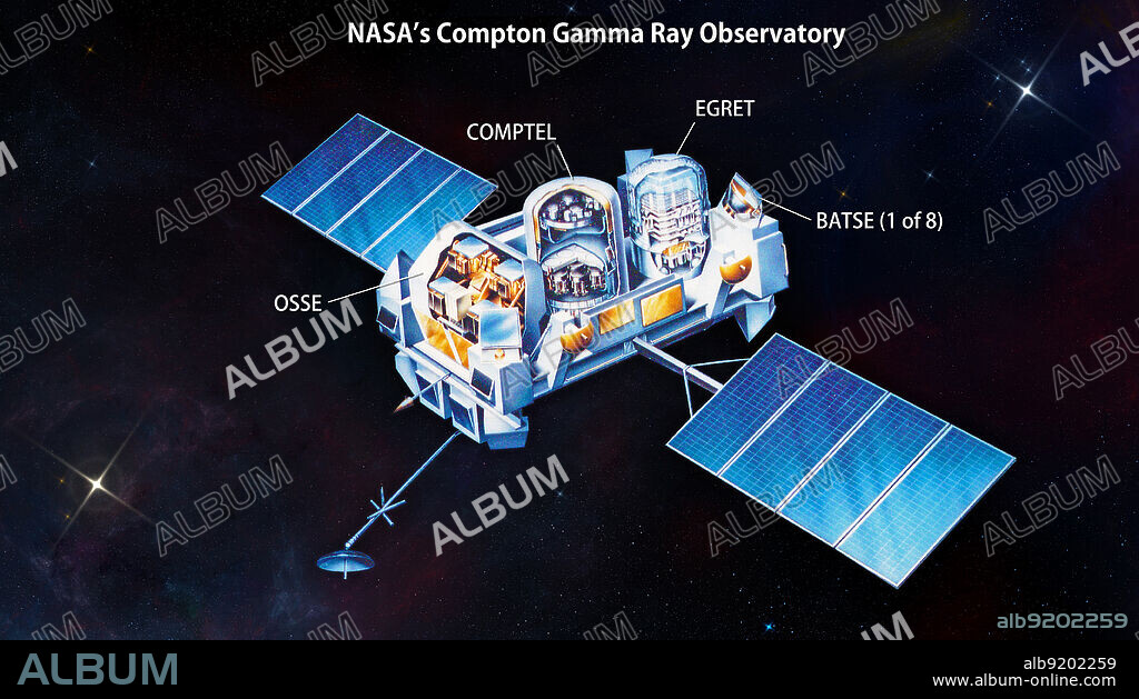 Illustration of the Compton Gamma Ray Observatory shows the locations of its four instruments, the Burst And Transient Source Experiment (BATSE), the Oriented Scintillation Spectrometer Experiment (OSSE), the Imaging Compton Telescope (COMPTEL), and the Energetic Gamma Ray Experiment Telescope (EGRET). In 1991 NASA launched the Compton Gamma Ray Observatory, an astronomical satellite that transformed our knowledge of the high-energy sky. Compton produced the first-ever all-sky survey in gamma rays, the most energetic and penetrating form of light, discovered hundreds of new sources and unveiled a universe that was unexpectedly dynamic and diverse. Compton's findings included the discovery of a new class of galaxy powered by supermassive black holes, the surprising detection of gamma rays from thunderstorms on Earth, and the most persuasive evidence to date that gamma-ray bursts were the most distant and powerful explosions in the cosmos.