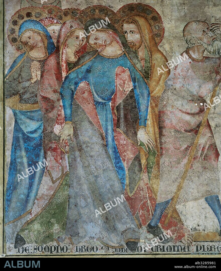 Juan Oliver. Painter. Active in Navarra, Spain, 14th century. Crucifixion, 1330. Grieving Virgin Mary. Fresco. Refectory of Pamplona Cathedral. Gothic. Museum of Navarre, Pamplona, Spain.