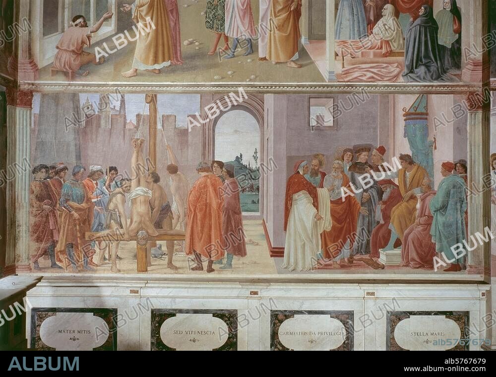 FILIPPINO LIPPI. Lippi, Filippino; 1457-1504. "Kreuzigung Petri und Streit der Apostel Petrus und Paulus mit Simon Magus vor Kaiser Nero", 1481-83. Fresko, 230 × 598 cm. Aus dem Zyklus mit Szenen der Petrus-Legende. Florenz, S.Maria del Carmine, Cappella Brancacci, rechte Wand, untere Zone.
