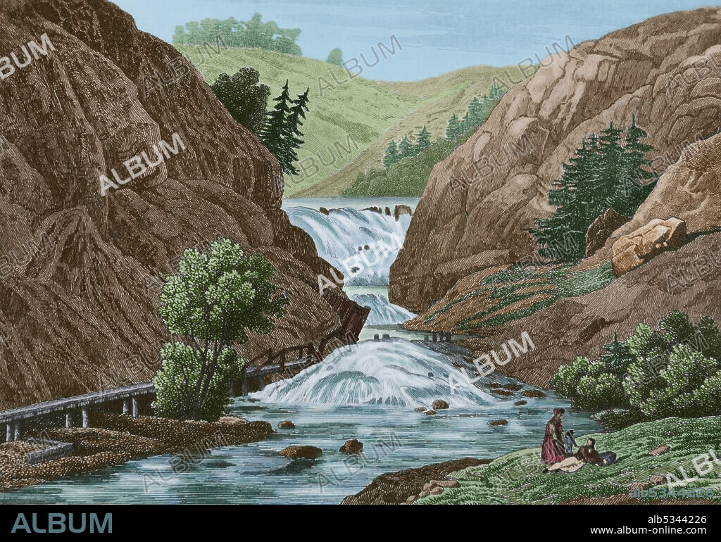 JACQUES GERARD MILBERT (1766-1840). FRENCH ENGRAVER.. United States of America. Waterfalls at Mount Ida. Engraving by Milbert. Panorama Universal. History of the United States of America, from 1st edition of Jean B.G. Roux de Rochelle's Etats-Unis d'Amérique in 1837. Spanish edition, printed in Barcelona, 1850. Later colouration.