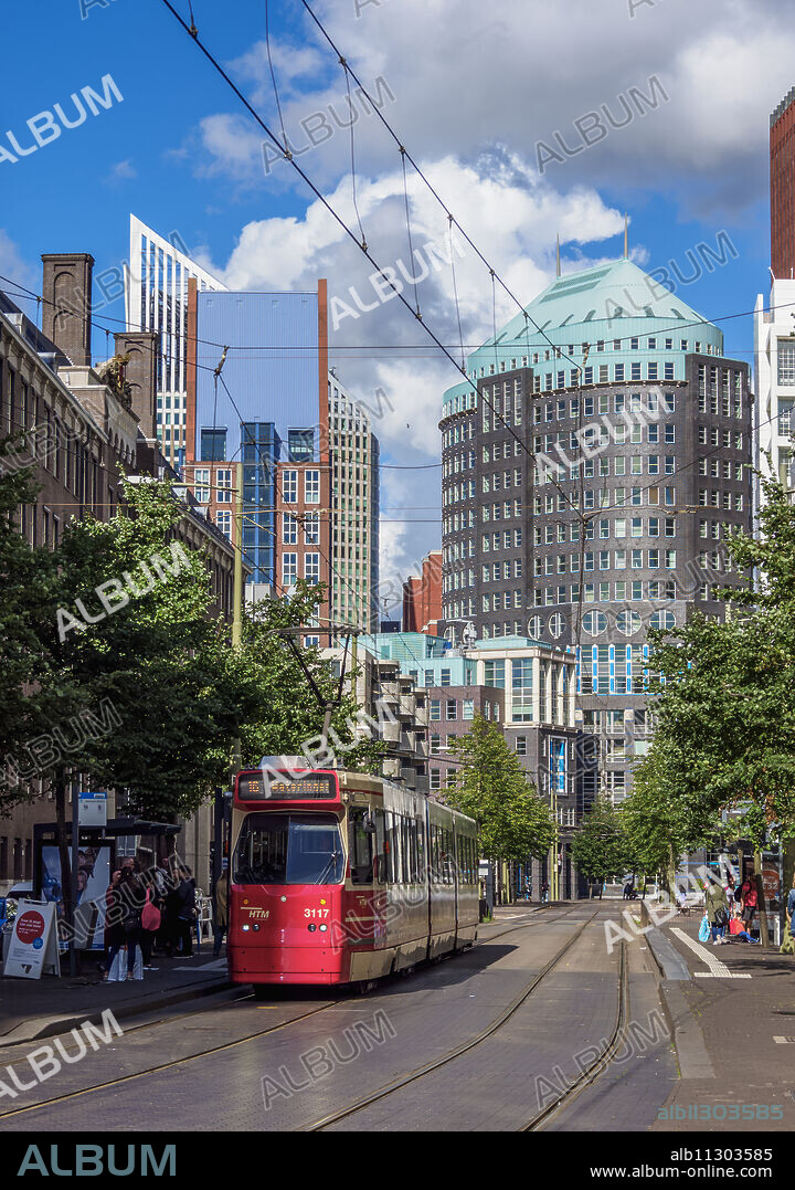 Kalvermarkt Street with Muzentoren Building in the background, The Hague, South Holland, The Netherlands, Europe.
