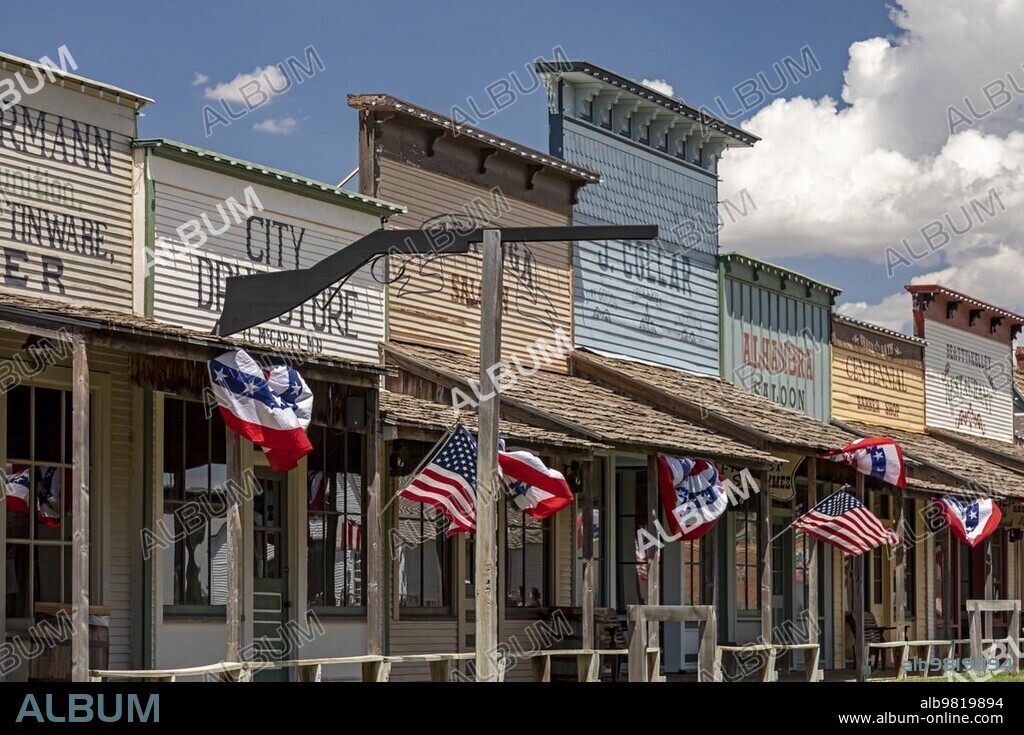 Dodge City, Kansas, Boot Hill Museum, decorated for a July 4th celebration. The museum preserves the history and culture of the old west.