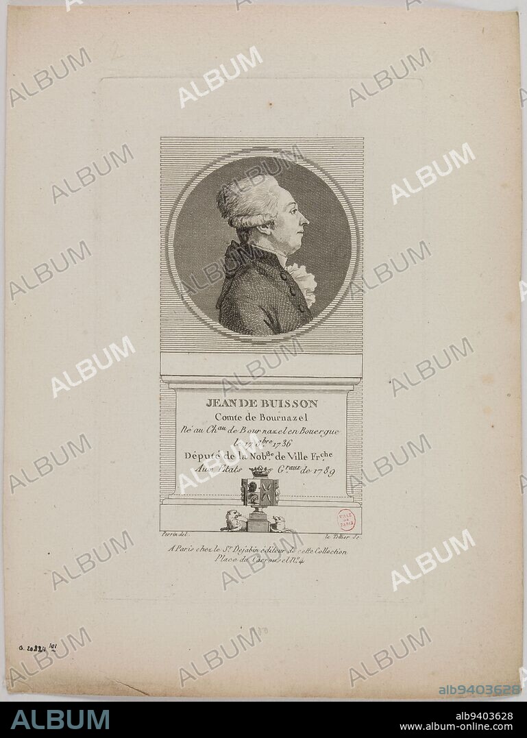 Portrait of Jean de Buisson, Le Tellier, Charles-François, Graveur, Perrin, Olivier, Dessinateur, Vers 1789, Graphic arts, Print, Etching, Burin, Dimensions - Plate section:, Height: 21.5 cm, Width: 13.5 cm, Height: 28.4 cm, Width: 21 cm.
