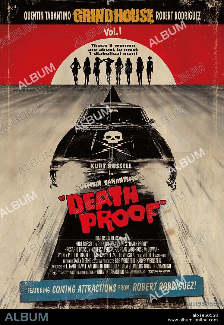 Affiche de BOULEVARD DE LA MORT - UN FILM GRINDHOUSE, 2007 (GRINDHOUSE-DEATH PROOF), réalisé par QUENTIN TARANTINO. Copyright DIMENSION FILMS/A BAND APART/BIG TALK PRODUCTIONS/DARTMOUTH.