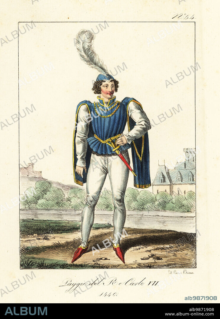 Costume of a Page to King Charles VII of France, 1440. Plumed cap, pleated doublet with split sleeves, gold belt with dagger, pantalons, pointed shoes. Page du Roi Charles VII. Handcoloured lithograph by Lorenzo Bianchi after Hippolyte Lecomte from Costumi civili e militari della monarchia francese dal 1200 al 1820, Naples, 1825. Italian edition of Lecomtes Civilian and military costumes of the French monarchy from 1200 to 1820.