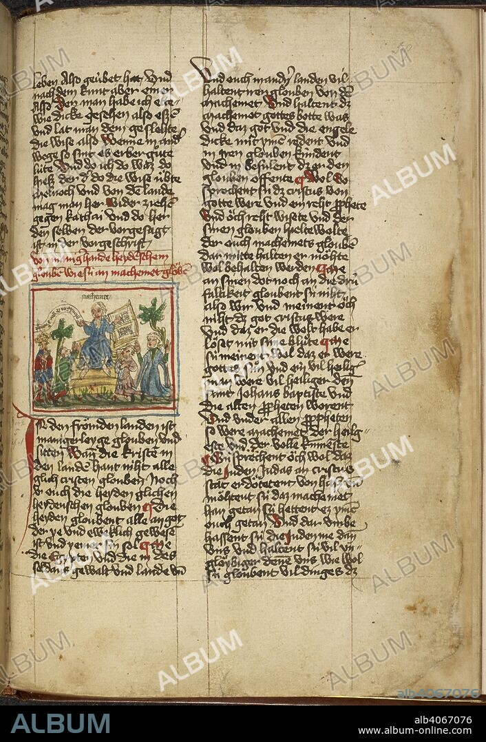 Illustrated page of TRAVELS of Sir John de Mandeville in German. TRAVELS of Sir John de Mandeville. TRAVELS of Sir John de Mandeville, translated into German by Otto. von Diemeringen, Canon of Metz. Vellum and paper, 15th cent.. with coloured drawings. Source: Add. 17335 f.59. Language: German.