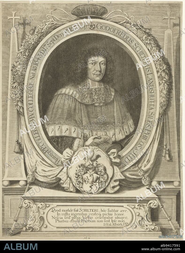 Portrait of Gottfried Schilter, Christian Romstet, 1665 - 1721, print maker: Christian Romstet, (mentioned on object), Valentin Alberti, (mentioned on object), 1665 - 1721, paper, engraving, h 388 mm - w 300 mm.