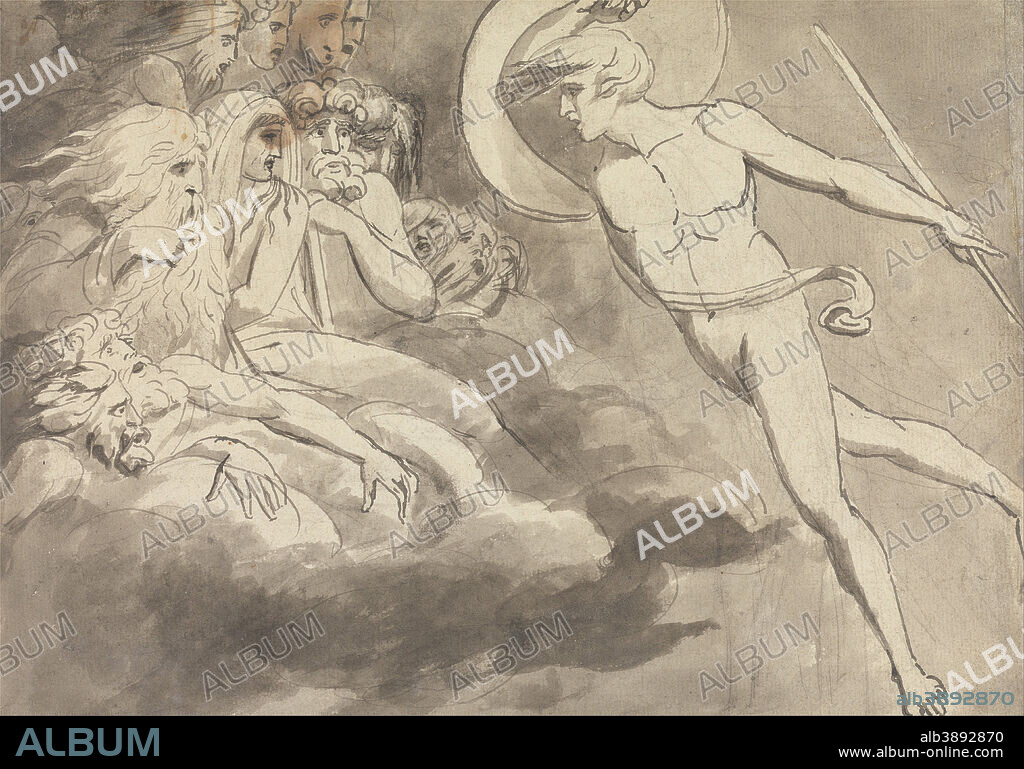WILLIAM BLAKE. Satan Approaching the Court of Chaos. Date/Period: 1784 to 1785. Drawing. Graphite with pen and gray ink and gray wash on medium, slightly textured, cream laid paper. Height: 235 mm (9.25 in); Width: 337 mm (13.26 in).