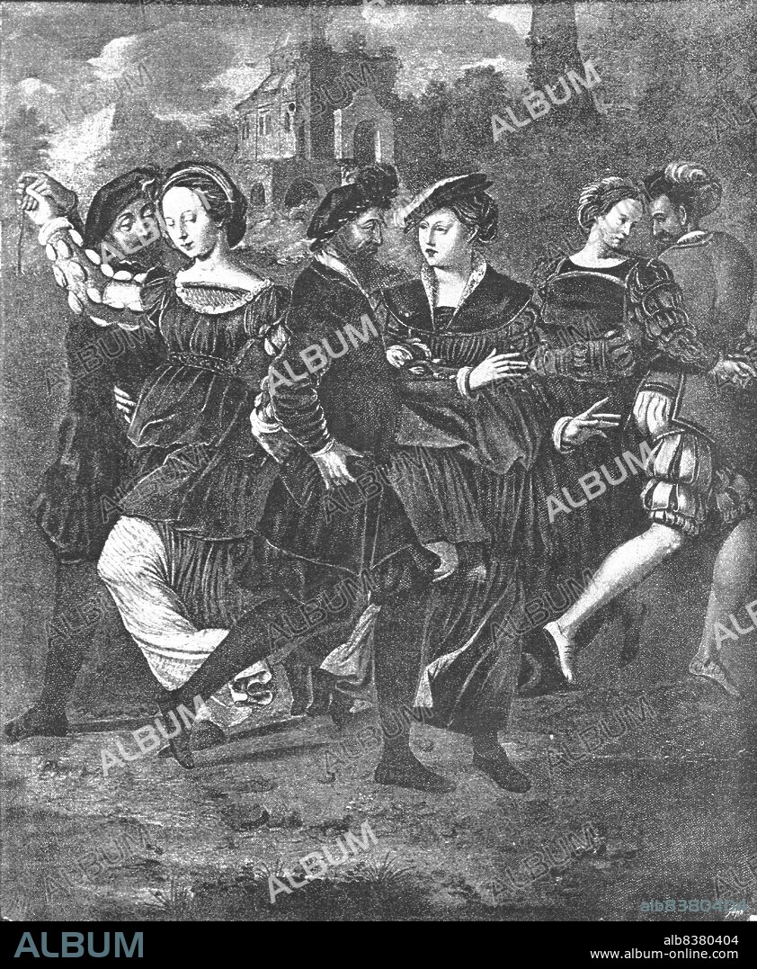 ''Pictures from the Tudor Exhibition; Henry VIII., Anne Boleyn and others, "The Dancing Picture," Painted by Holbein and Francois Clouet,"Dit Janet", c.1530. 1890.