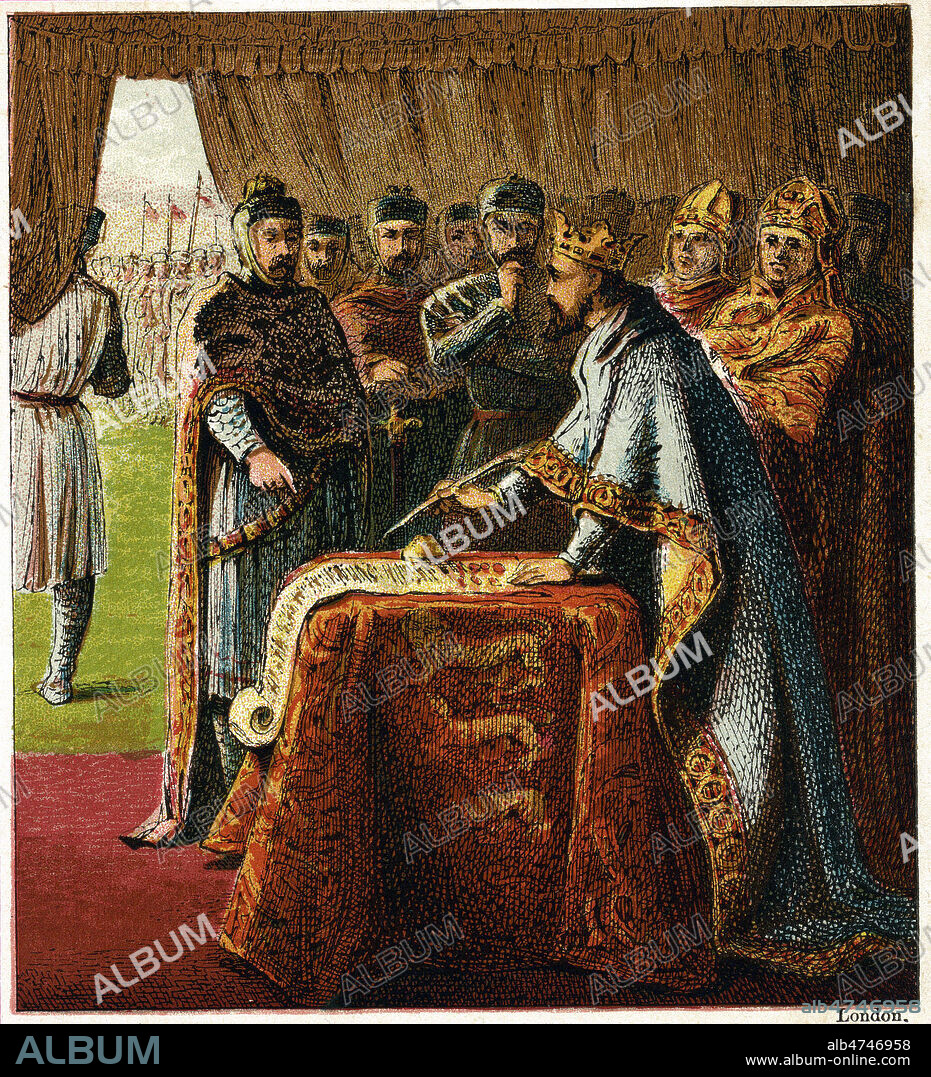 Le roi JEAN SANS TERRE (1167-1216) signe le 15 juin 1215 la Magna Carta Libertatum (ou Grande Charte). Illustration anonyme vers 1875 pour Pictures of English History. Credit : Collection KHARBINE-TAPABOR.