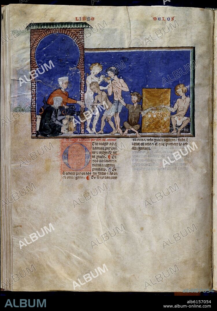 ALFONSO X EL SABIO (1221-1284). LIBRO DE JUEGOS O LIBRO DEL AJEDREZ DADOS Y TABLAS - 1283 - FOLIO 68V - JUGADORES DE DADOS JUGANDO AL PAR CON AS - MANUSCRITO GOTICO.