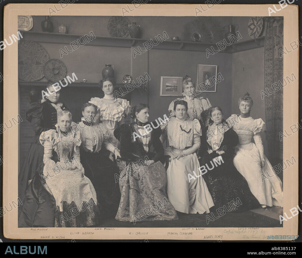 FRANCES BENJAMIN JOHNSTON. Mrs. Frances F. Cleveland and ladies of the cabinet, Jan. 4, 1897, c1897. Photograph showing a group portrait of Mrs. Frances (Folsom) Cleveland [wife of President Grover Cleveland] and the ladies of the Cabinet: Miss Morton, Nannie H. Wilson, Olive Harmon, Jane P. Francis, M.J. Carlisle, Juliet K. Lamont, Agnes P. Olney, and Leila Herbert.