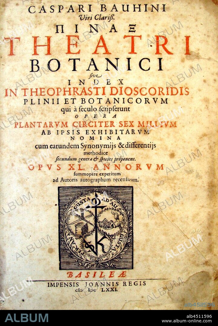 Titelblatt zu 'Pinax botanical theaters ...', Publisher's stamp from Johann König (1626-1676) with motto Per augusta ad augusta, title page, Bauhin, Caspar, 1671, Caspar Bauhin: Pinax theatri botanici sive index in Theophrasti Dioscoridis, Plinii et botanicorum qui à seculo scripserunt opera plantarum circiter sex millium ab ipsis exhibitarum nomina cum earundem synonymijs & differentijs methodice secundum genera & species proponens: opus XL annorum summopere expetitum & ad autoris autographum recensitum. Basilea: Impensis Joannis Regis, 1671.