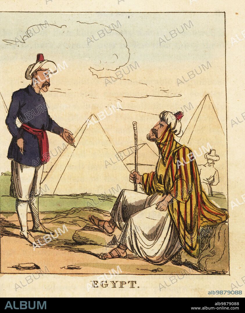 Costumes of the Eyalet of Egypt, 19th century. Two Egyptian men in front of the pyramids. Ottoman Turk in turban, striped robe, wide pantaloons and sandals. Mamluk or soldier in turban and uniform. Handcoloured copperplate engraving from The World in Miniature, or Panorama of the Costumes, Manners & Customs of All Nations, John Bysh, London, 1825.