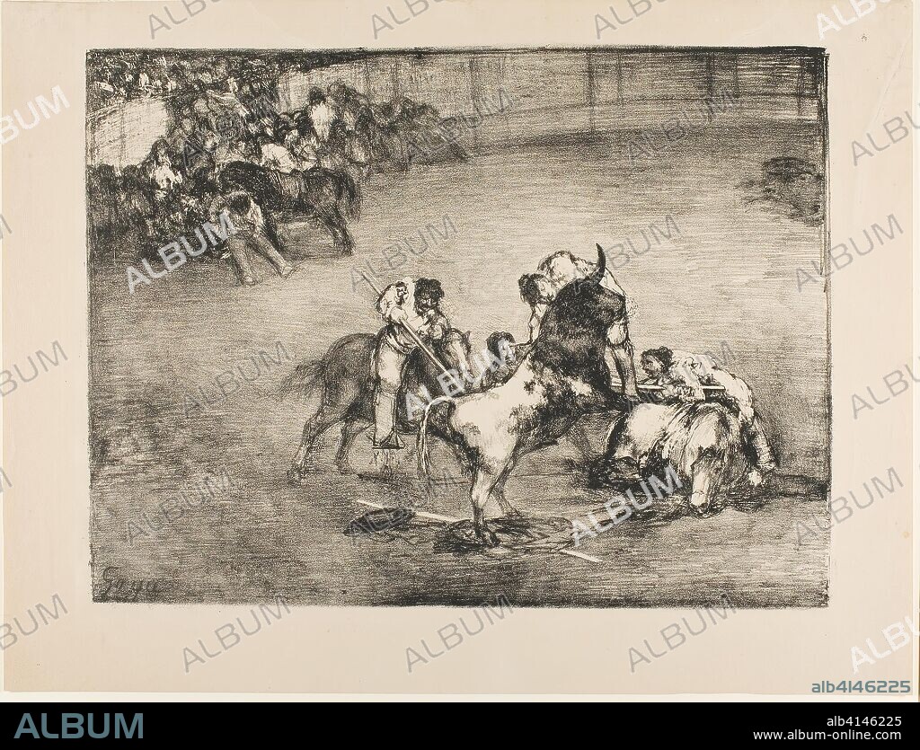 FRANCISCO DE GOYA. Picador Caught by a Bull, from The Bulls of Bordeaux. Francisco José de Goya y Lucientes (Spanish, 1746-1828); printed by Cyprien Charles Marie Nicolas Gaulon (French, 1777-1858). Date: 1825. Dimensions: 313 x 413 mm (image); 385 x 508 mm (sheet). Lithographic crayon and scraper in black on buff wove paper. Origin: Spain.
