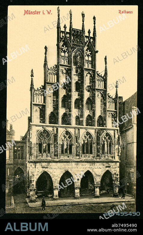 Europe, Germany, North Rhine-Westphalia, Münster ( Muenster ) , Historical city hall, postcard, sent 22. 07. 1908, publishing house Otto Schaberg, Muenster .