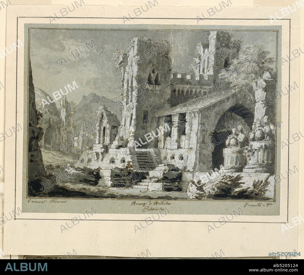 Stage Design, Ruins of Antique Buildings, design for 'Gli Avventurieri' by Carlo Valentini (1790-1853), produced at the Teatro Pantera, Lucca in 1837., Emanuele Alderani, Italian, active 1829-1855, Pen and brown ink, brush and gray and brown wash, white gouache on blue-green paper, Horizontal rectangle. Gothic ruins of castle in landscape., Livorno or Lucca, Italy, 183637, theater, Drawing, Drawing.