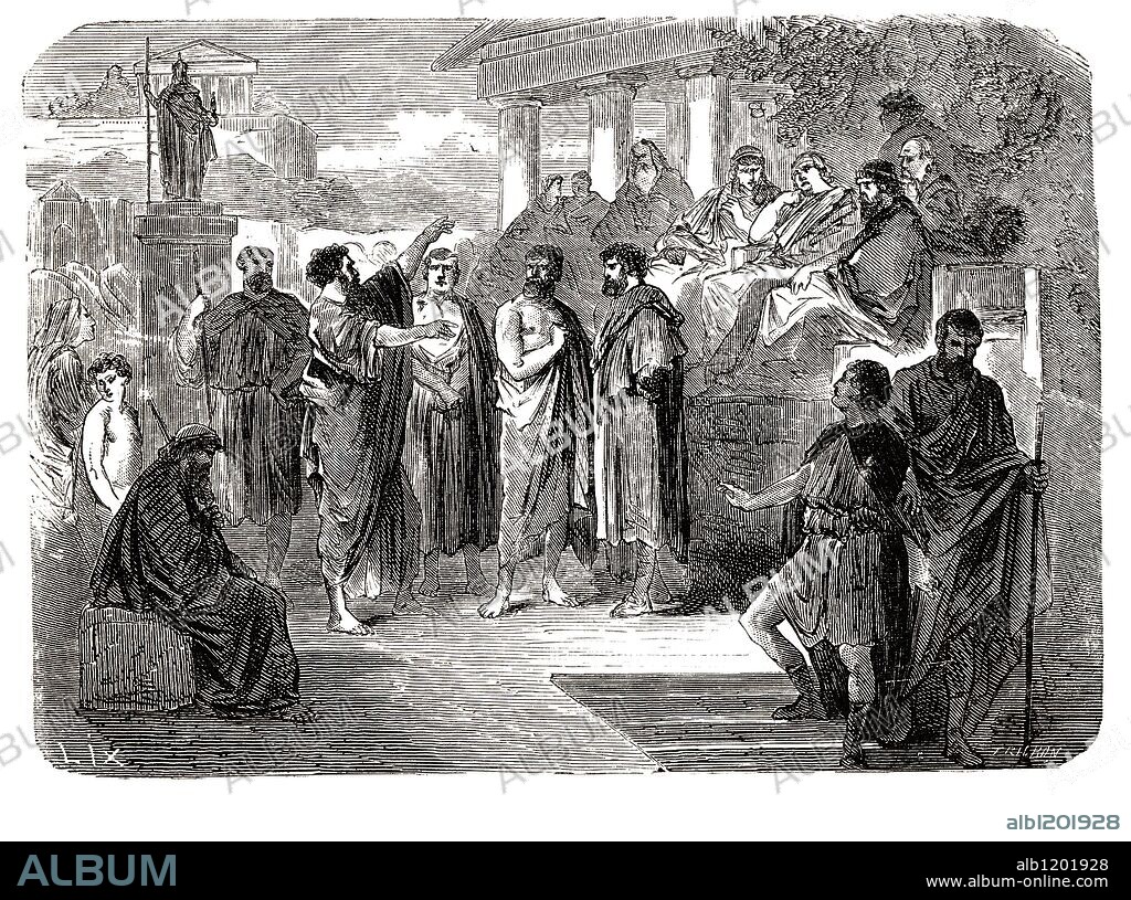 San Pablo (entre 5 y 15-65). El Apóstol de las gentes, predicando el Cristianismo en Atenas. Grabado de 1866.