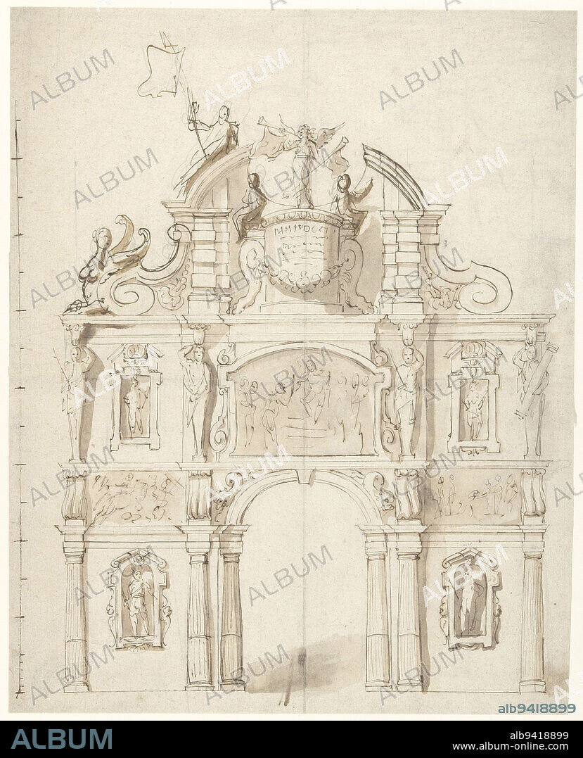 Design for a triumphal arch, Design for an honorary arch for Archduke Leopold William, draughtsman: Theodoor van Thulden, draughtsman: Erasmus Quellinus (II), 1646 - 1648, paper, pen, brush, h 339 mm × w 272 mm.
