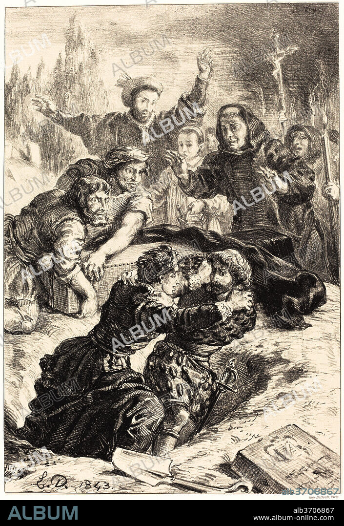EUGENE DELACROIX. Hamlet and Laertes in the Grave of Ophelia (Act V, Scene I). Dated: 1843. Medium: lithograph.