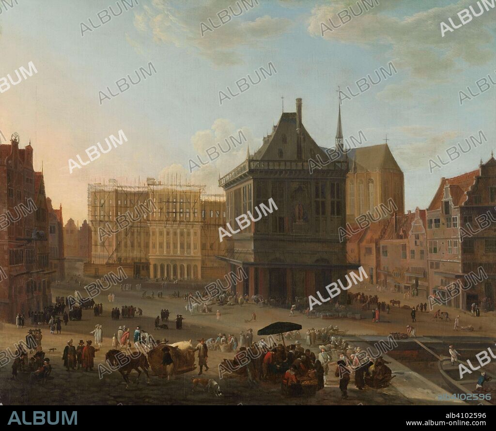 JACOB VAN DER ULFT (ATTRIBUTED TO). The Dam in Amsterdam with the new Town Hall under Construction. Dating: 1652 - 1689. Measurements: h 81 cm × w 100 cm.
