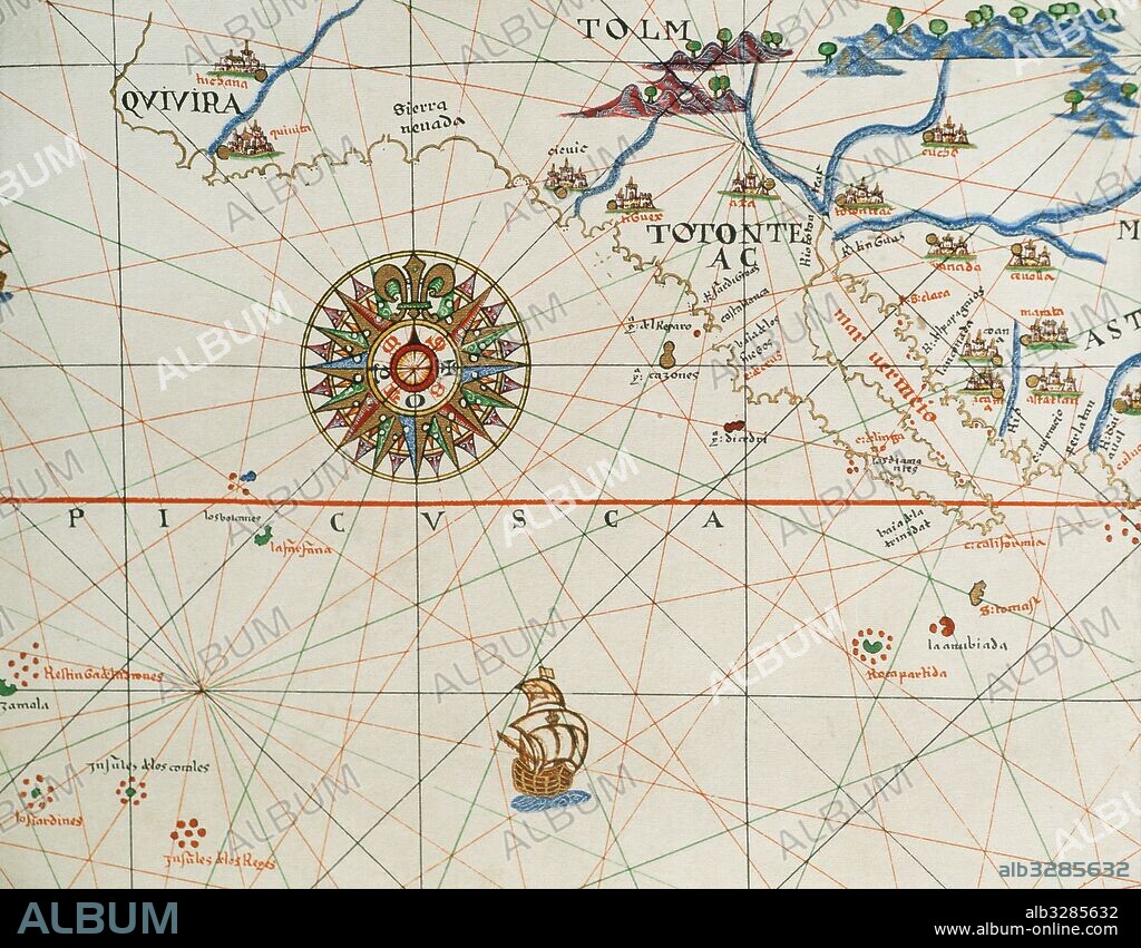 Coast of high and low california and compass rose. Nautical chart. Atlas of Joan Martines, 1587. Dedicated to Philip II. Mallorcan School.