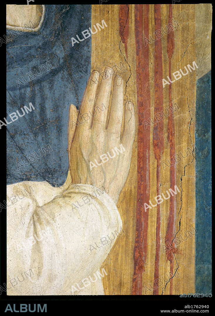 St Dominic at the feet of Jesus Crucified, by Guido di Pietro (Piero) known as Beato Angelico, 1438-1446 about, 15th Century, curved fresco with marble frame, cm 340 x 155. Italy, Tuscany, Florence, San Marco Convent, cloister. Detail. Joined hands of St Dominic wood of the cross with dripping blood. Authorization required for non editorial use.