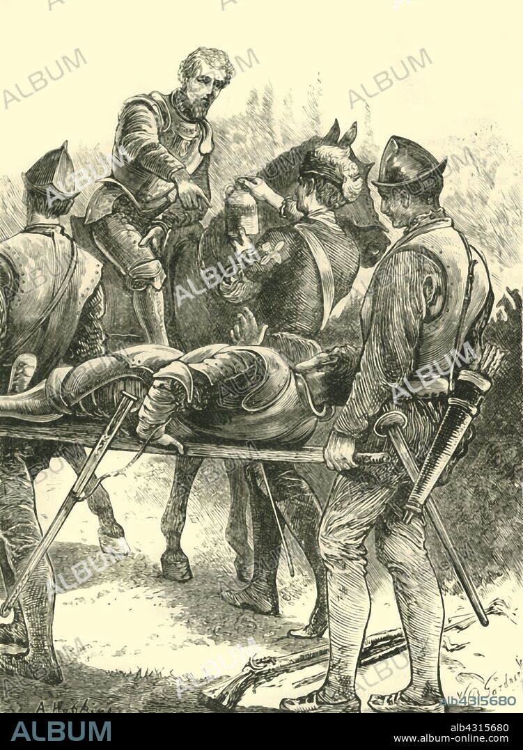 'Sir Philip Sidney at Zutphen', 1586, (1890). Sir Philip Sidney (1554-1586) Elizabethan poet, courtier, scholar, and soldier was shot in the thigh at the Battle of Zutphen, 1586 after removing his leg armour, he died of gangrene 26 days later. From "Cassell's Illustrated Universal History, Vol. IV - Modern History", by Edmund Ollier. [Cassell and Company, Limited, London, Paris and Melbourne, 1890].