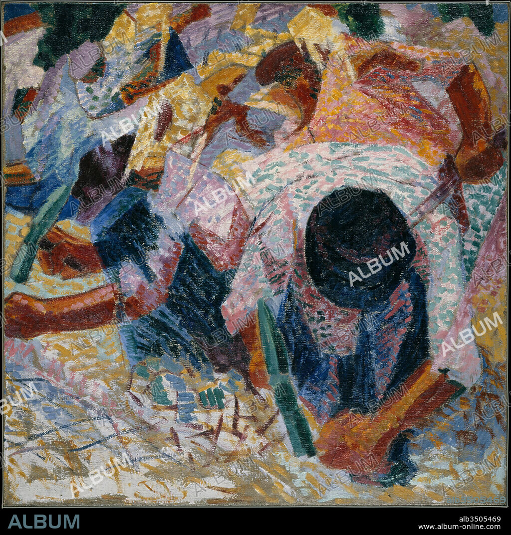 The Street Pavers, 1914, Oil on canvas, 39 3/8 x 39 3/8 in. (100 x 100 cm), Paintings, Umberto Boccioni (Italian, Reggio 1882–1916 Sorte), Boccioni and his compatriot Gino Severini were two of the leading members of Italian Futurism, an early twentieth-century avant-garde movement that embraced industrial technology as a primary method of achieving radical social transformation.