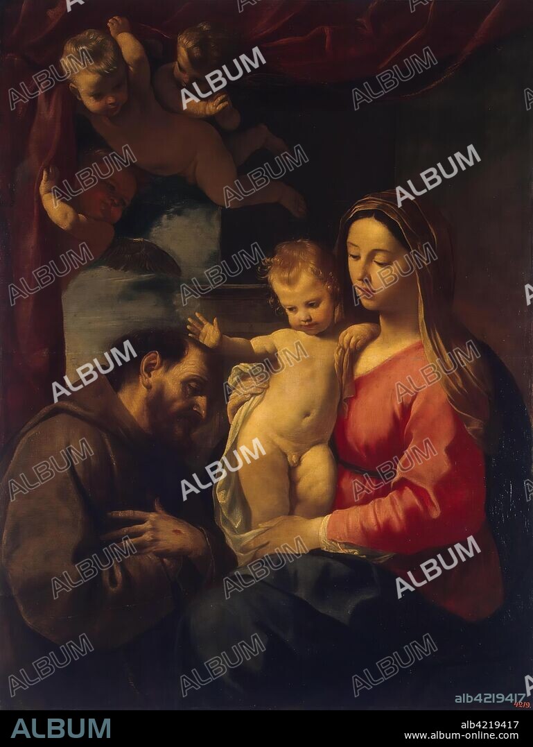 SIMONE CANTARINI (IL PESARESE). 'Madonna with Child and St Francis of Assisi'. Italy, 17th century. Dimensions: 150,5x114,5 cm.