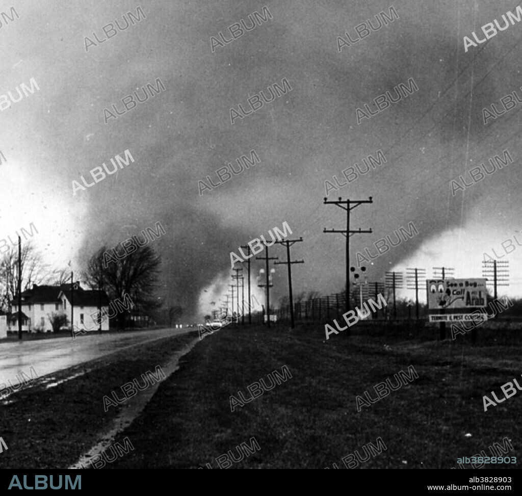 Twin funnels in Elkhart, Indiana on April 11, 1965. A double tornado was also sighted near Toledo during this tornado outbreak. The second Palm Sunday tornado outbreak occurred on April 11, 1965 and involved 47 tornadoes (15 significant, 17 violent, 21 killers) hitting the Midwest. It was the second biggest outbreak on record. In the Midwest, 271 people were killed and 1,500 injured (1,200 in Indiana). It was the deadliest tornado outbreak in Indiana history with 137 people killed. The outbreak also made that week the second most active week in history with 51 significant and 21 violent tornadoes. A tornado is a violent, dangerous, rotating column of air that is in contact with both the surface of the earth and a cumulonimbus cloud or, in rare cases, the base of a cumulus cloud. They are often referred to as a twister or a cyclone, although the word cyclone is used in meteorology in a wider sense, to name any closed low pressure circulation. Tornadoes come in many shapes and sizes, but are typically in the form of a visible condensation funnel, whose narrow end touches the earth and is often encircled by a cloud of debris and dust. Most tornadoes have wind speeds less than 110 miles per hour (177 km/h), are approximately 250 feet (80 m) across, and travel a few miles (several kilometers) before dissipating. The most extreme tornadoes can attain wind speeds of more than 300 mph (480 km/h), stretch more than two miles (3 km) across, and stay on the ground for dozens of miles (more than 100 km).