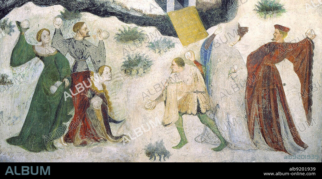 Detail of a snowball fight in a medieval fresco (c. 1400) of "January," from a series of frescos depicting the Cycle of the Months in the Torre dell'Aquila (Eagle Tower) in Buonconsiglio Castle, Trento, Italy.