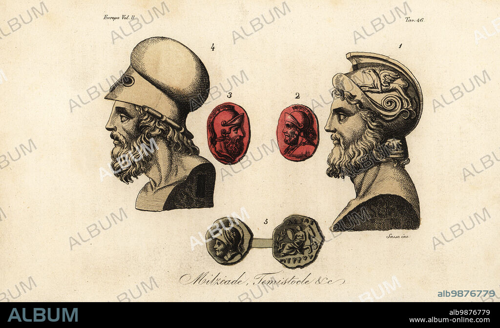 Busts and gems of Athenian politicians Miltiades the Younger 1,2, Themistocles 3,4, and King Pyrrhus I 5. Milziade, Temistocle, &c. Handcoloured copperplate engraving by Giovanni Antonio Sasso from Giulio Ferrarios Costumes Ancient and Modern of the Peoples of the World, Il Costume Antico e Moderno, Florence, 1842.