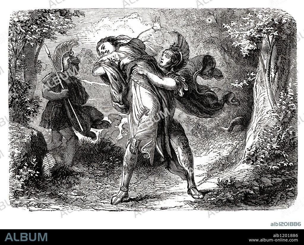 Helena de Troya, heroína de La Ilíada, es raptada por Teseo, rey de Atenas, antes de convertirse en la mujer del rey Menelao y ser seducida por Paris, príncipe de Troya. Grabado de 1866.