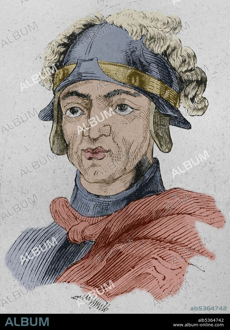 Ramiro I de Asturias (h. 790-850). Rey de Asturias entre los años 842 y 850. Retrato. Grabado coloreado. Las Glorias Nacionales. Tomo II, edición Madrid-Barcelona, 1853.