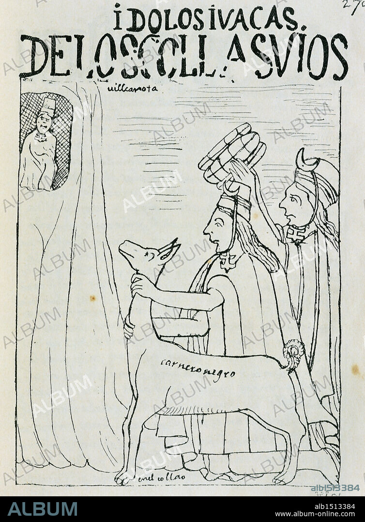 History of the Exploration, 16th century. South America, Peru. Inca offering llama to the idols of the niches of the Temples. Engraving  from Felipe Guaman Poma de Ayala (1550-after 1615), Nueva Cronica y Buen Gobierno, 1587.