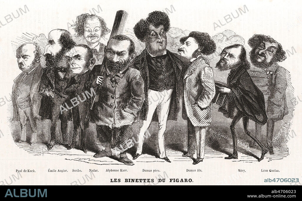 Les binettes du Figaro : Paul de KOCK, Emile AUGIER, SCRIBE, NADAR, Alphonse KARR, DUMAS Père, DUMAS Fils, MERY, Leon GOZLAN. (Annonce publicitaire pour le Pantheon Nadar, prime de l'abonnement au Figaro). Illustration de NADAR (1820-1910)pour Le Voleur du 3 decembre 1858. Credit : Collection Kharbine-Tapabor.