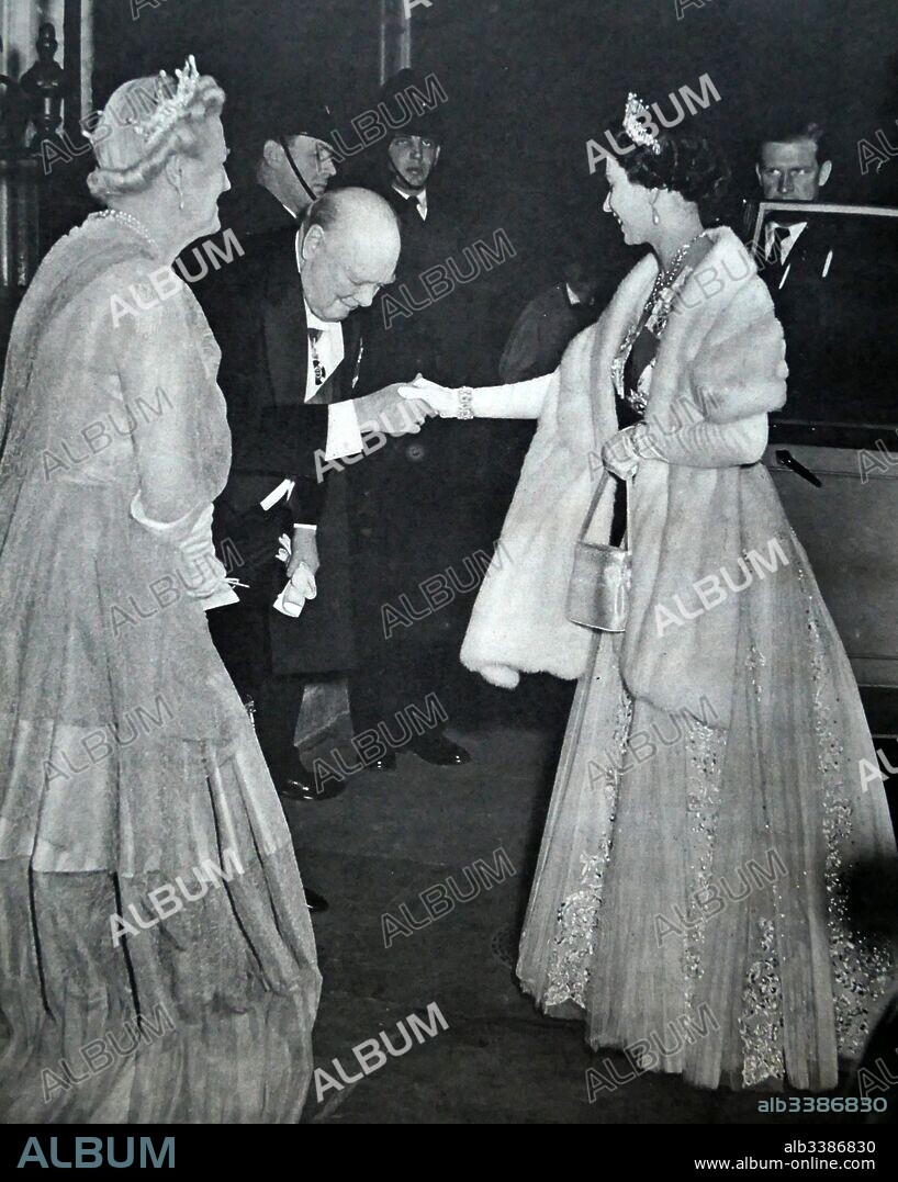 Sir Winston and lady Clementine Churchill with Queen Elizabeth II in 10 Downing Street, London on his retirement as Prime Minister in 1955. Sir Winston Churchill (1874 - 1965) was a British statesman who was the Prime Minister of the United Kingdom from 1940 to 1945 and again from 1951 to 1955.