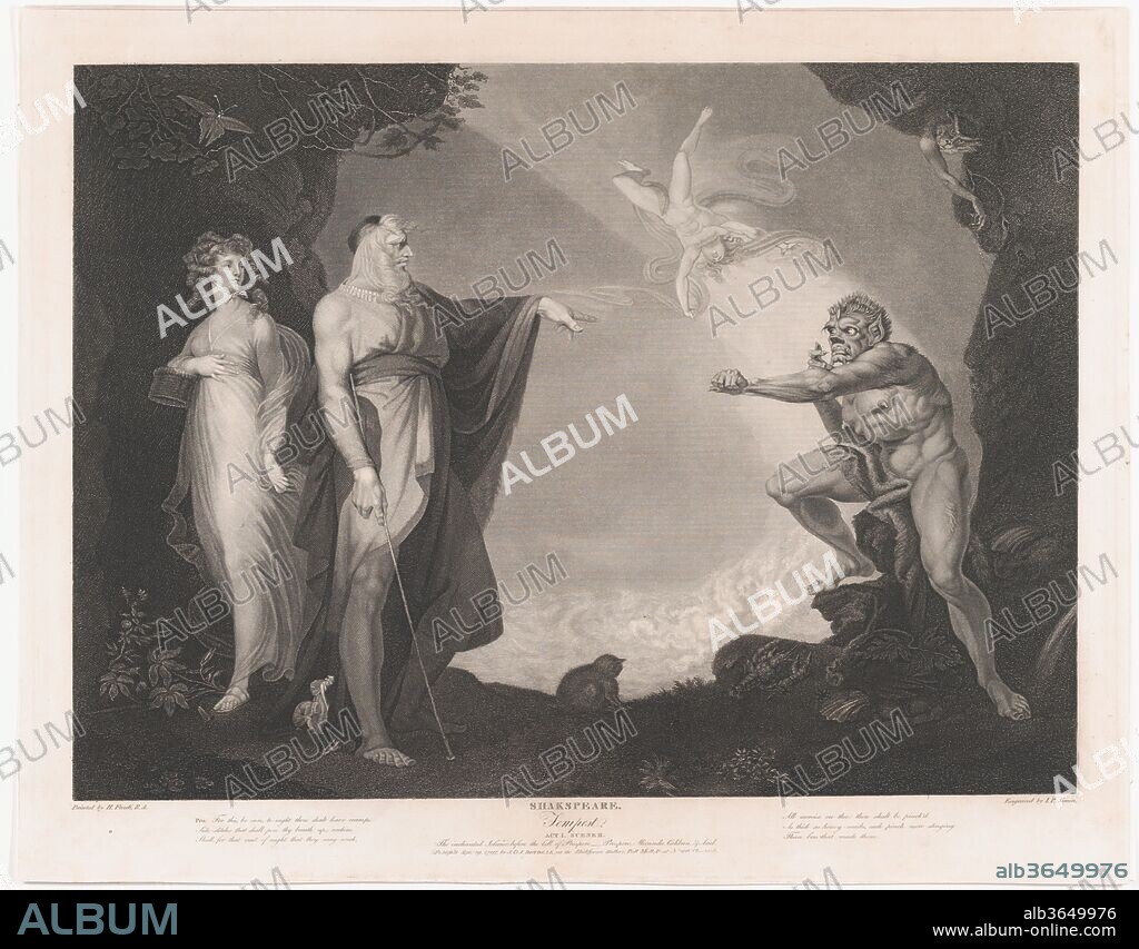 The Enchanted Island Before the Cell of Prospero - Prospero, Miranda, Caliban and Ariel (Shakespeare, The Tempest, Act 1, Scene 2). Artist: After Henry Fuseli (Swiss, Zürich 1741-1825 London). Dimensions: image: 16 7/8 x 23 1/16 in. (42.9 x 58.5 cm)
sheet: 20 1/16 x 25 1/2 in. (51 x 64.7 cm). Engraver: Peter Simon (British, London ca. 1764-1813 Paris). Publisher: John & Josiah Boydell (British, 1786-1804). Series/Portfolio: Boydell's Shakespeare Gallery. Subject: William Shakespeare (British, Stratford-upon-Avon 1564-1616 Stratford-upon-Avon). Date: September 29, 1797.
Fascinated by themes of magic and erotic desire, Fuseli was a life-long devotee of Shakespeare, first reading the plays as a youth in Zurich. After settling in London, he contributed paintings to John Boydell's Shakespeare Gallery, launched in 1786 as an exhibition cum print-publishing scheme funded by subscribers. Simpson's print reproduces Fuseli's conception of a scene near the beginning of "The Tempest," where Prospero punishes Caliban for attempting to rape Miranda. Hovering overhead, the spirit Ariel prepares to do the magician's bidding, with a seaside grotto used to indicate the island setting. Emblematic creatures are placed strategically near each character-a moth above Miranda, sprites and a cat by Prospero, and shell-fish and evil-looking monkey next to Caliban.
