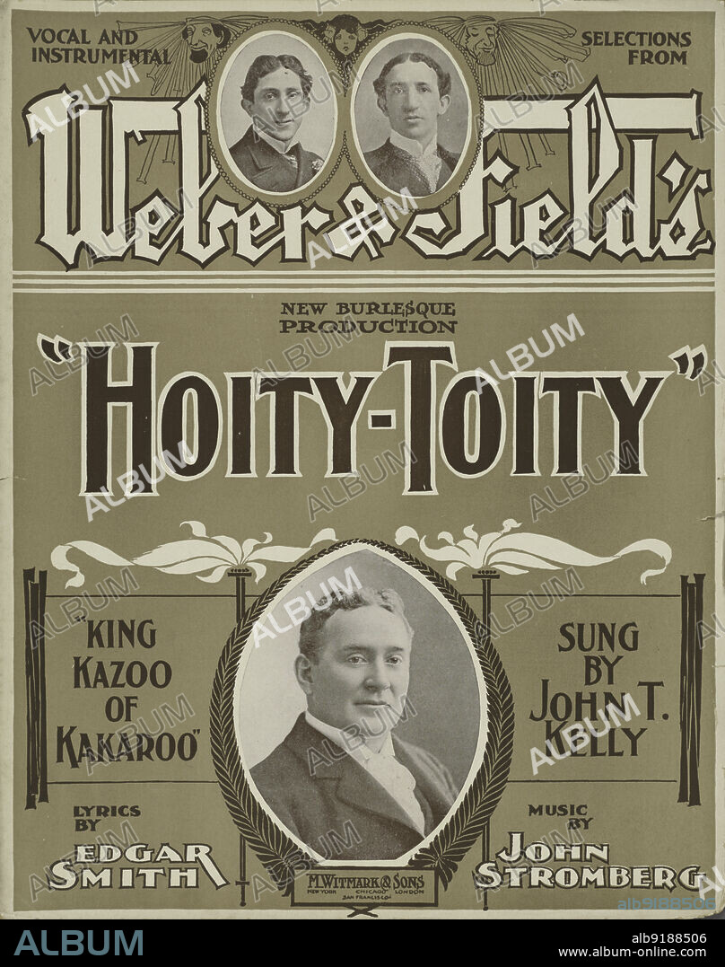 'King Kazoo of Kakaroo', 1901. 'Vocal and instrumental selections from Weber & Field's New Burlesque Production "Hoity-Toity"; King Kazoo of Kakaroo sung by John T. Kelly; lyrics by Edgar Smith, music by John Stromberg'. From a collection of sheet music, some examples of which depict African Americans in a derogatory way. Other examples are songs by white musicians purporting to be black.