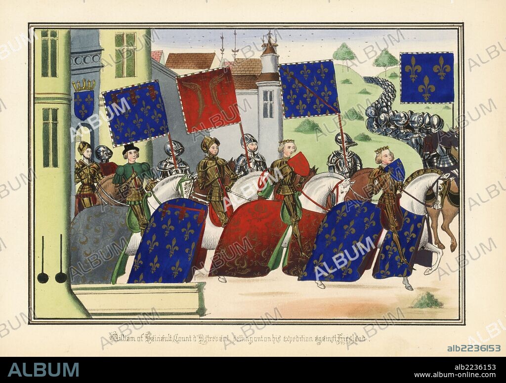 William of Hainault, Count d'Ostrevant, setting out on his expedition to recapture Friesland, 1396. William rides out of a castle, accompanied by his herald with banner, with his knights in armour. Handcoloured lithograph after an illuminated manuscript from Sir John Froissart's "Chronicles of England, France, Spain and the Adjoining Countries, from the Latter Part of the Reign of Edward II to the Coronation of Henry IV," George Routledge, London, 1868.