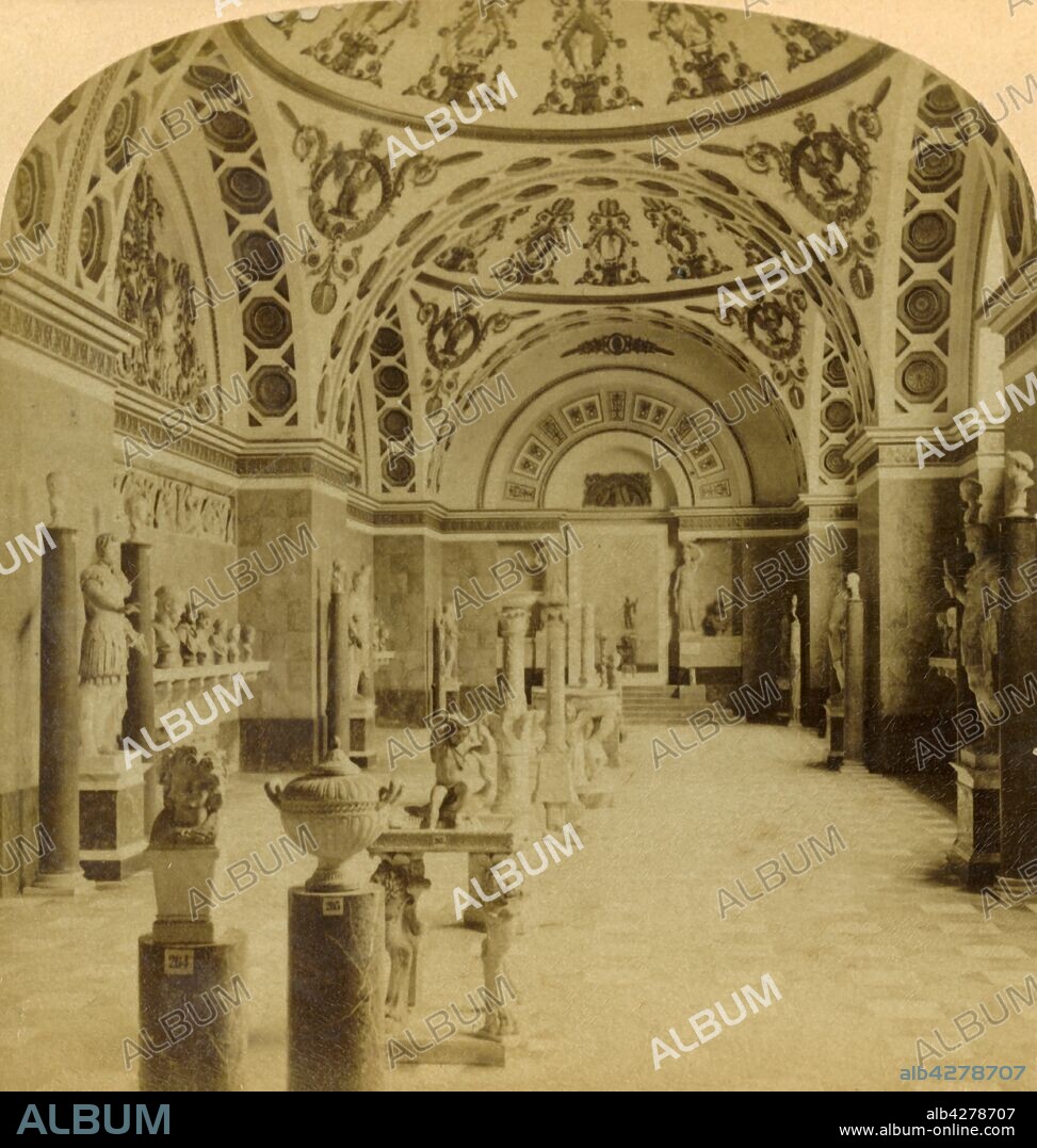 'Hall of the Romans, Glyptothek, Munich, Germany', 1898. The Glyptothek is a museum which was commissioned by the Bavarian King Ludwig I to house his collection of Greek and Roman sculptures. It was designed by Leo von Klenze in the Neoclassical style, and built between 1816 and 1830. Stereocard by Underwood & Underwood.