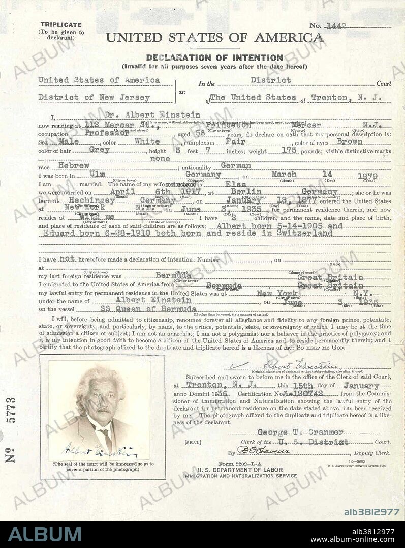 Declaration of Intention for Albert Einstein, Petition for Naturalization, October 1, 1940. Albert Einstein (March 14, 1879 - April 18, 1955) was a German-born theoretical physicist. He developed the general theory of relativity, one of the two pillars of modern physics. He is best known in popular culture for his mass-energy equivalence formula E = mc2. He received the 1921 Nobel Prize in Physics "for his services to Theoretical Physics, and especially for his discovery of the law of the photoelectric effect". He was visiting the US when Hitler came to power in 1933, and did not go back to Germany. He settled in America becoming a citizen in 1940. He helped alert President Roosevelt that Germany might be developing an atomic weapon, and recommended that the US begin similar research. He was in support of defending the Allied forces, but largely denounced using the discovery of nuclear fission as a weapon. Later, together with Bertrand Russell, Einstein signed the Russell-Einstein Manifesto, which highlighted the danger of nuclear weapons. Einstein was affiliated with the Institute for Advanced Study in Princeton until his death in 1955, at the age of 76. His great intelligence and originality have made the word Einstein synonymous with genius.