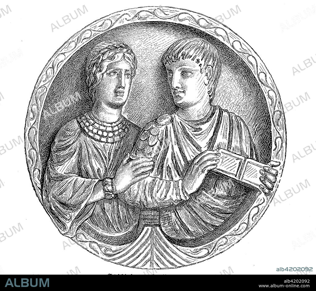 Flavius Stilicho, around 362 - 22 August 408, was a Roman mayor and politician, with his wife, a medallion on the sarcophagus of Stilicho in the church Sant Ambrogio in Milan, Italy, digital improved reproduction of an original print from 1880.