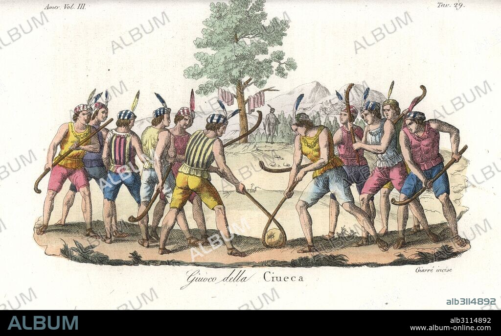 Indigenous Mapuche of Chile playing the game of ciueca or palin, a hockey-like game with sticks and large ball. Copied from G. Bramati. Handcoloured copperplate engraving by Luigi Giarre from Giulio Ferrrario's Costumes Antique and Modern of All Peoples (Il Costume Antico e Moderno di Tutti i Popoli), Florence, 1842.