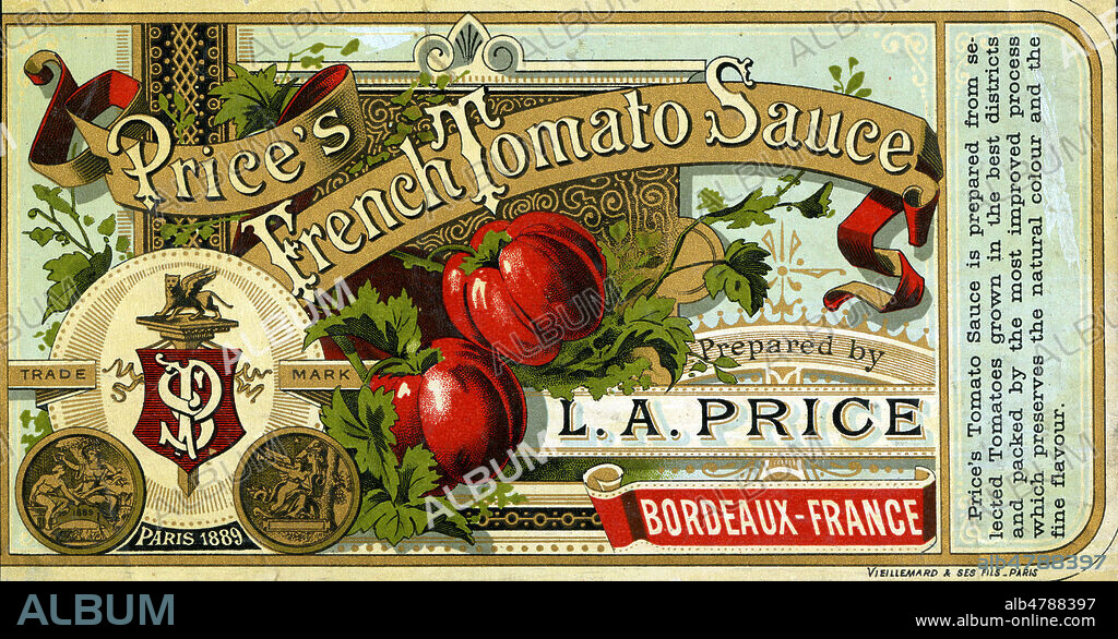 'Price's french tomato sauce'. Illustration anonyme pour une etiquette de conserve alimentaire vers 1890, 14x7 cm. Credit : Collection IM/KHARBINE-TAPABOR.