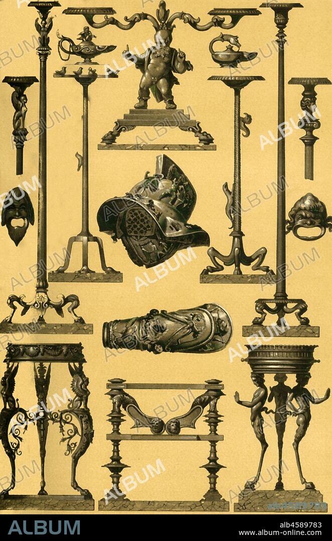 Roman metalwork, (1898). Examples of ancient Roman items made of bronze: 'Fig 1: Fountain-figure, representing a drunken Faun. One of the bronze figures, found at Pompeii [Italy] (1880) and belonging to the most excellent works of this kind. Figs 2 and 3: Two lamps (lucerna), in the Museum at Naples. Figs 4 and 5: Great candelabrums, in the Collection of the Louvre at Paris. Figs 6 and 8: Great candelabrums in the Museum at Naples. Fig 7: Side-view of the head of the candelabrum Fig. 6 (magnified). Fig 9: Candelabrum-head, at Naples. Fig 10: Two-armed small candelabrum with figure of a Faun, at Naples. Fig 11: Bisellium, seat of honour for magistrates, beautifully profiled, in the Louvre at Paris. Figs 12 and 13. Tripods from Herculaneum, in the Museum at Naples. Figs 14 and 15. Little masks, being fragments of decorations, at Naples'. Plate 10 from "The Historic Styles of Ornament" translated from the German of H. Dolmetsch. [B.T. Batford, London, 1898].