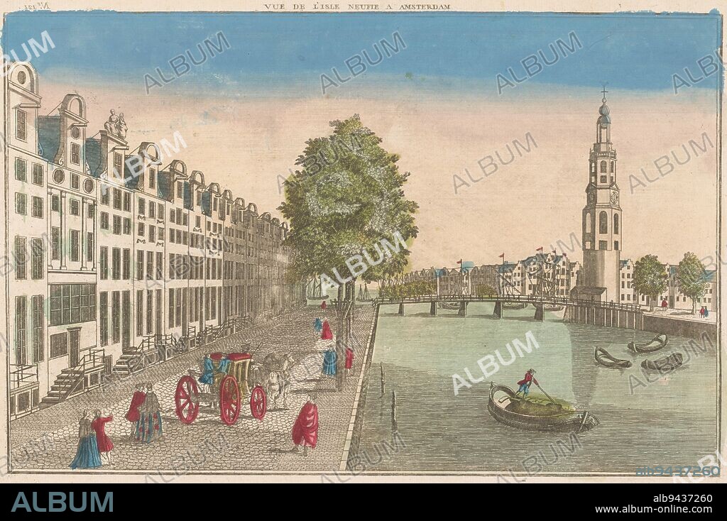 View of the Montelbaanstoren and the Binnenkant in Amsterdam, Basset, 1700 - 1799, Numbered: 121., publisher: Basset, (mentioned on object), print maker: anonymous, publisher: Paris, print maker: France, 1700 - 1799, paper, etching, brush, h 292 mm × w 419 mm.
